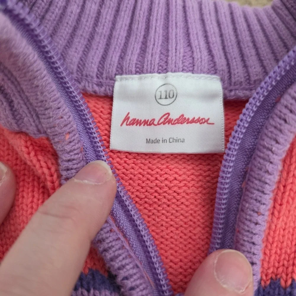 Hanna Andersson Kids‎ Pink Nordic Fair Isle Snowflake Cotton Quarter Zip Sweater